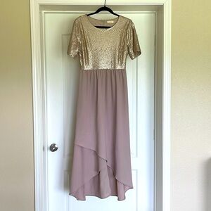 Roolee Annette Maxi Dress Women’s S Sequined Champagne Rose Modest High Low Hem
